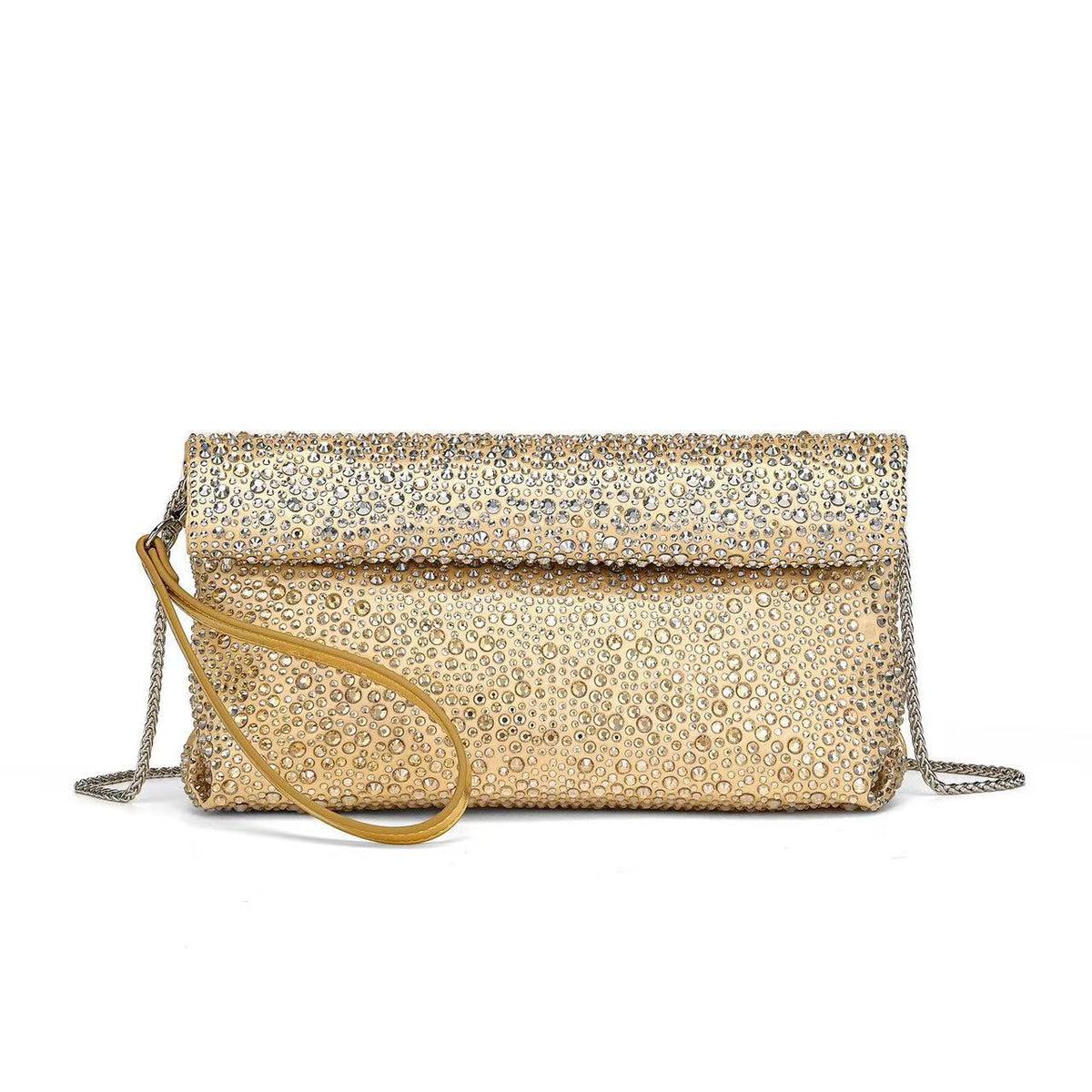 Mit Kristallen verzierte Foldover-Clutch mit Umschlagklappe und abnehmbarem Kettenriemen, Detailansicht 9
