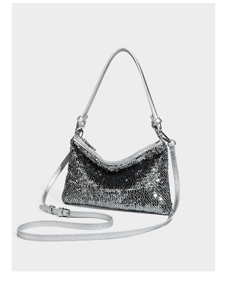 Small sequin hobo shoulder bag with knotted strap and zip closure, detail view 9