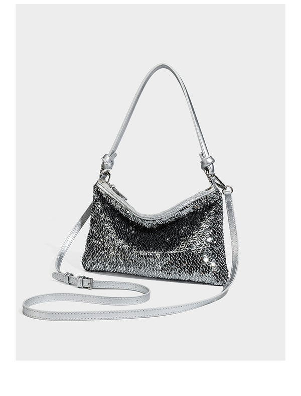 Small sequin hobo shoulder bag with knotted strap and zip closure, detail view 9