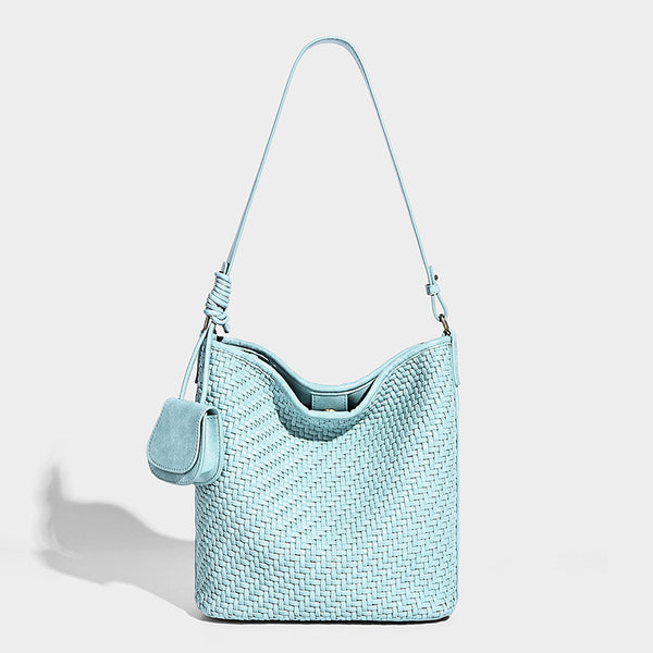 Lässige, geflochtene Bucket-Hobo-Schultertasche in Pink mit abnehmbarem Mini-Etui und goldfarbenen Metalldetails, Detailansicht 12