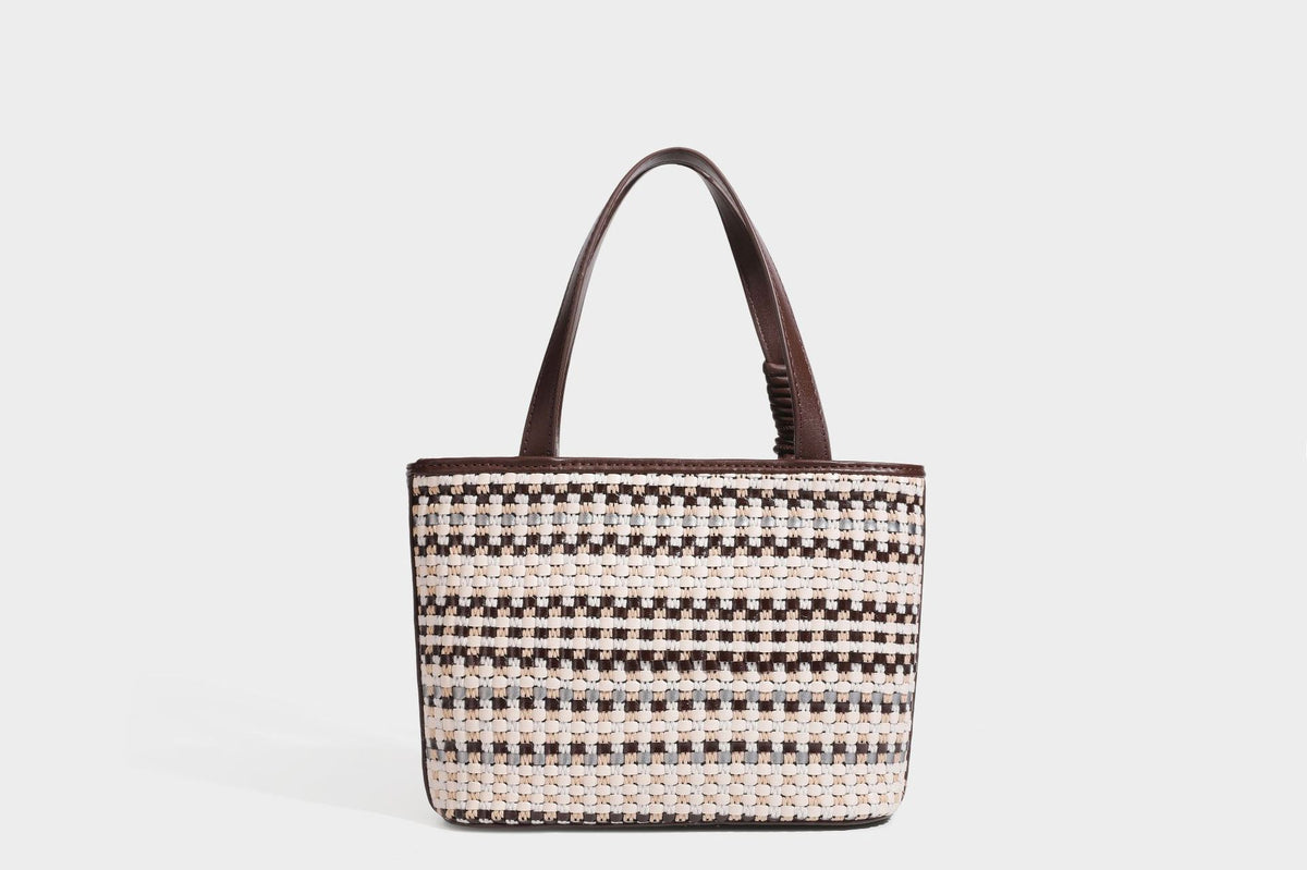 Kleine, strukturierte, gewebte Tote-Bag mit Karomuster, glatten Besätzen in Lederoptik, zwei Tragegriffen, abnehmbarem Schulterriemen und
