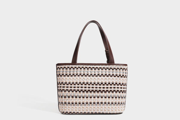 Kleine, strukturierte, gewebte Tote-Bag mit Karomuster, glatten Besätzen in Lederoptik, zwei Tragegriffen, abnehmbarem Schulterriemen und