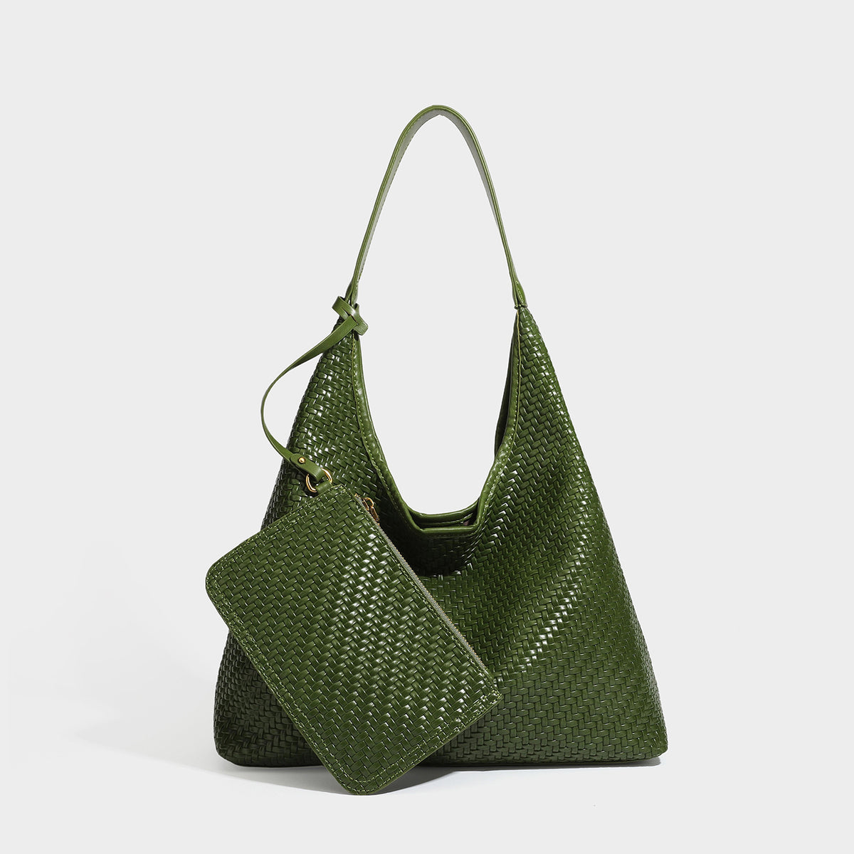 Slouchy woven leather-look hobo tote bag in brown with detachable zip pouch and gold-tone hardware, detail view 4