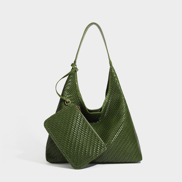 Slouchy woven leather-look hobo tote bag in brown with detachable zip pouch and gold-tone hardware, detail view 4