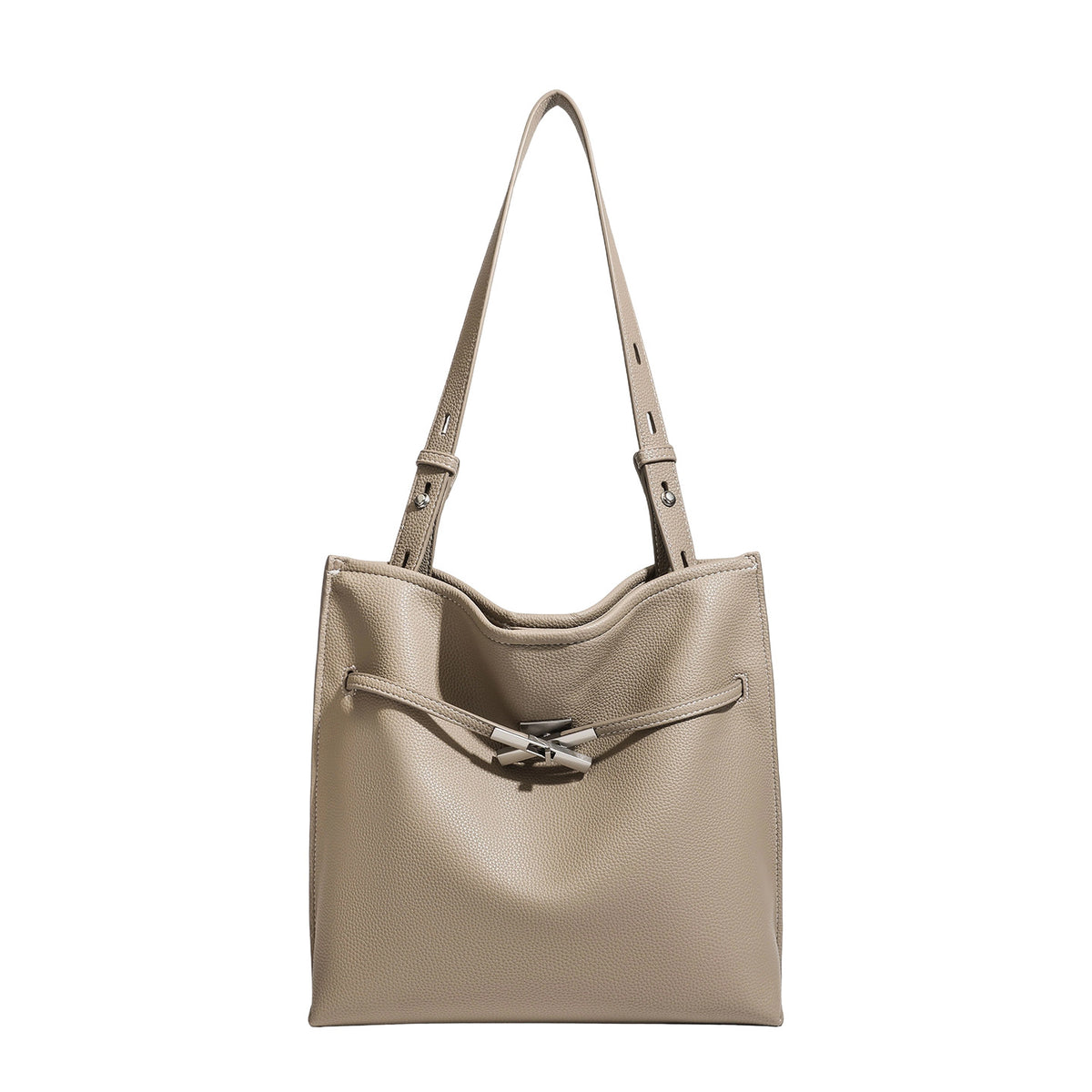 Large structured tote bag in pebbled leather-look finish with silver-tone twist-knot front detail and adjustable shoulder