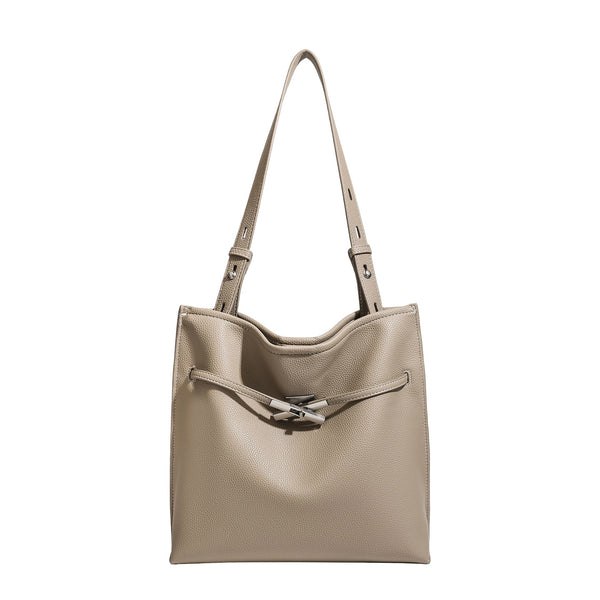 Large structured tote bag in pebbled leather-look finish with silver-tone twist-knot front detail and adjustable shoulder
