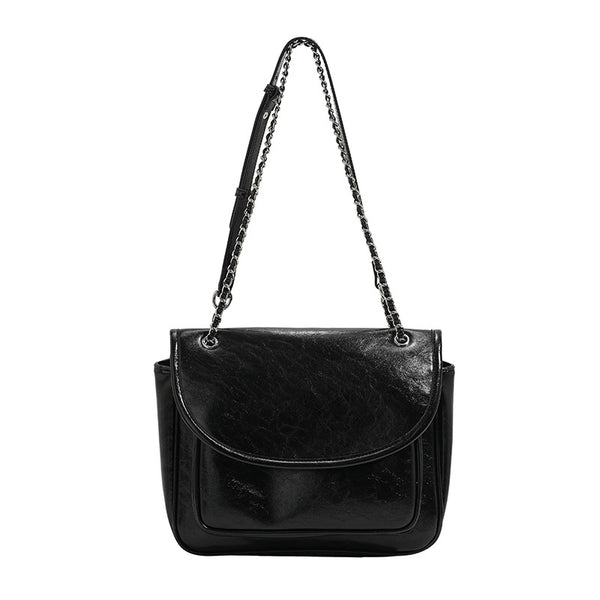 Structured glossy leather-look flap shoulder bag with silver-tone chain strap, detail view 5