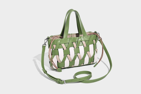 Small structured woven lattice tote bag with dual top handles and detachable shoulder strap in brown and cream leather-look