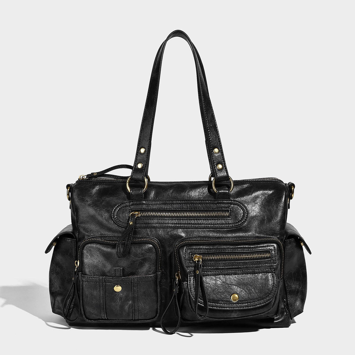 Distressed leather-look vintage satchel shoulder bag with multiple front zip pockets, dual top handles, and brass-tone