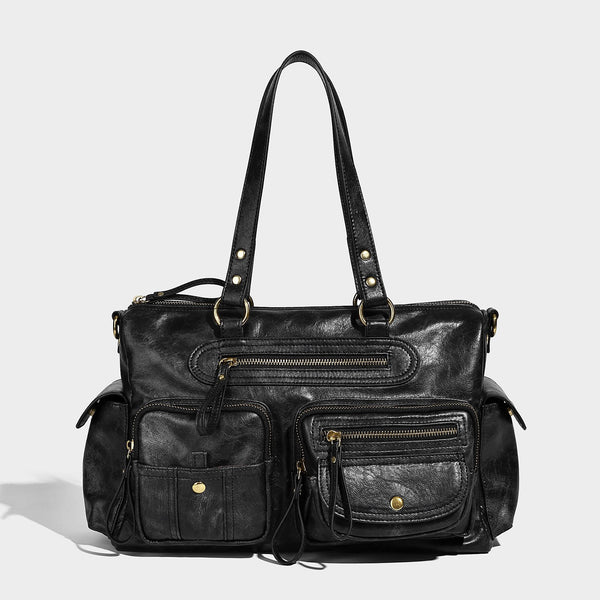 Distressed leather-look vintage satchel shoulder bag with multiple front zip pockets, dual top handles, and brass-tone