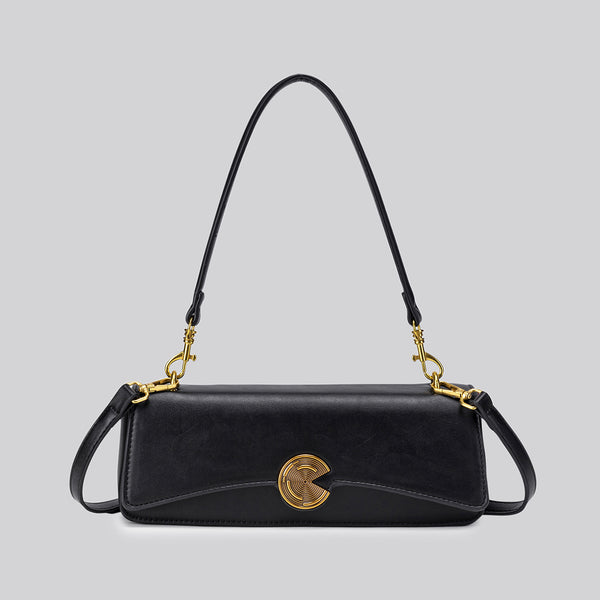 Structured rectangular flap bag with gold-tone circular turn-lock closure and detachable crossbody strap, detail view 3