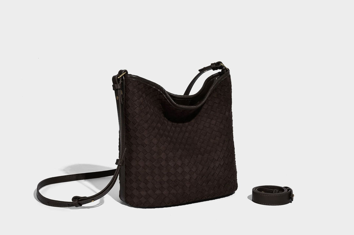 Dark chocolate woven texture hobo shoulder bag with multicolor tassel-and-bead charm and long adjustable strap, detail view