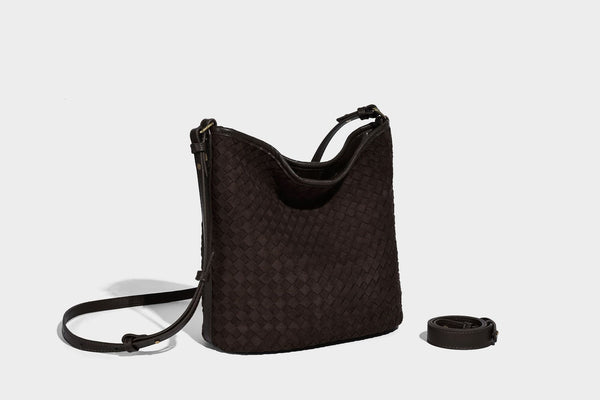 Dark chocolate woven texture hobo shoulder bag with multicolor tassel-and-bead charm and long adjustable strap, detail view