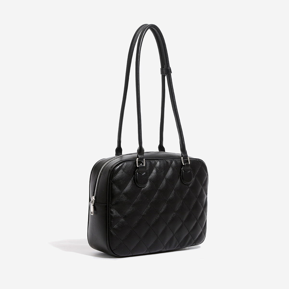 Structured diamond-quilted bowling shoulder bag with silver-tone hardware and top zip closure, detail view 3