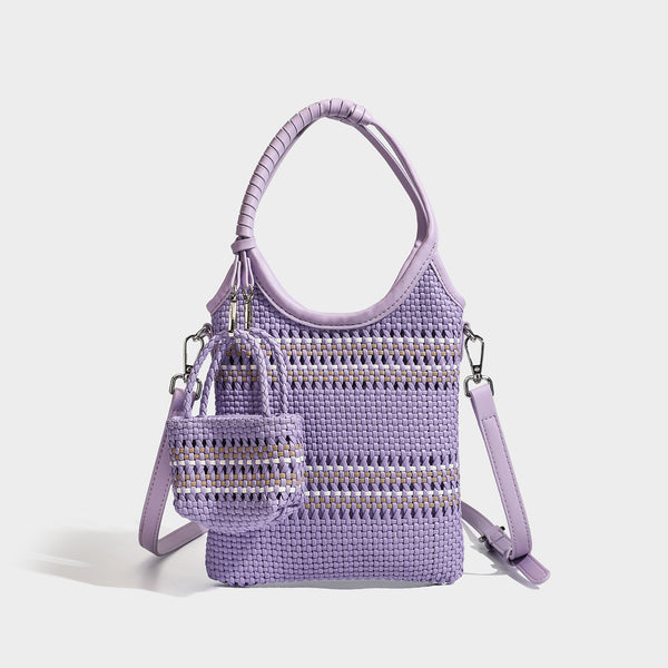 Brown two-tone woven leather-look shoulder bag with braided top handles, detachable mini pouch, and adjustable crossbody