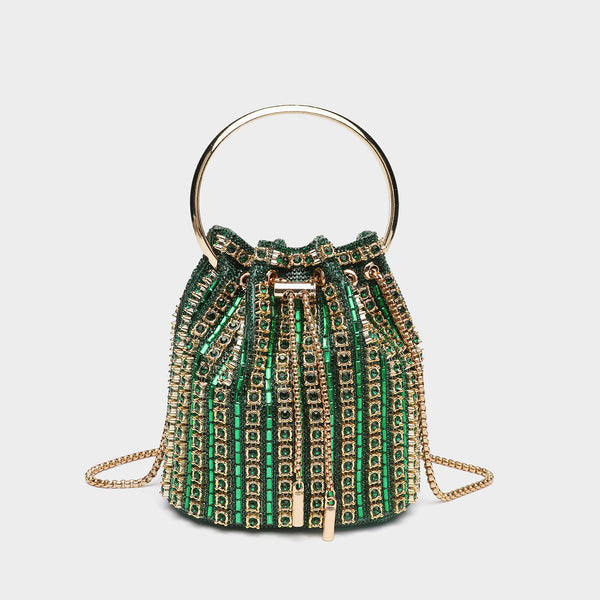 Mini crystal rhinestone bucket bag with circular ring top handle, drawstring closure, and silver chain shoulder strap, detail