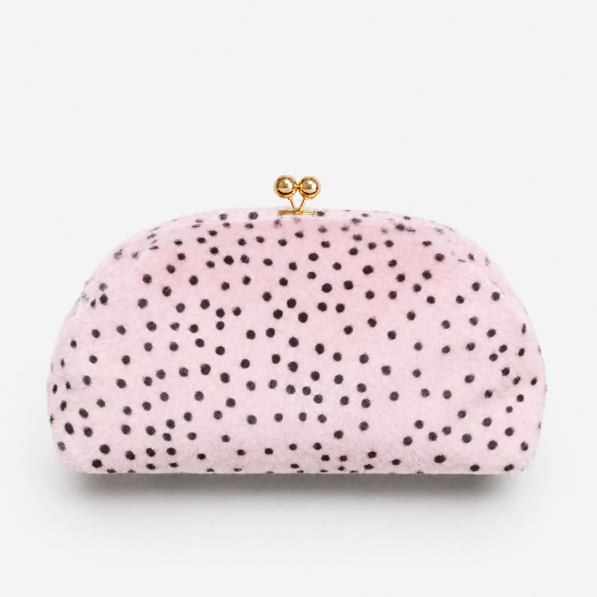 Rounded spotted faux-fur kiss-lock clutch bag with gold-tone chain strap in cream with black dot print, detail view 8