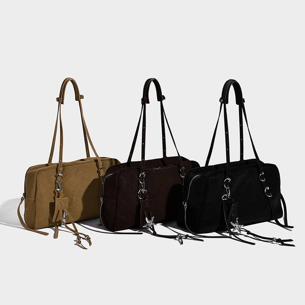 Structured rectangular matte suede-like shoulder bag with silver-tone hardware, zip closure, double top handles, and, detail