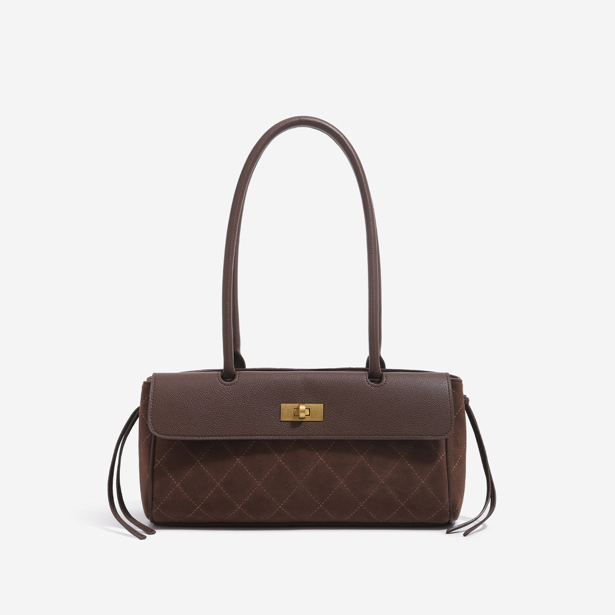 Structured quilted diamond top-handle underarm shoulder bag with gold-tone turn-lock flap closure and side tie straps, front