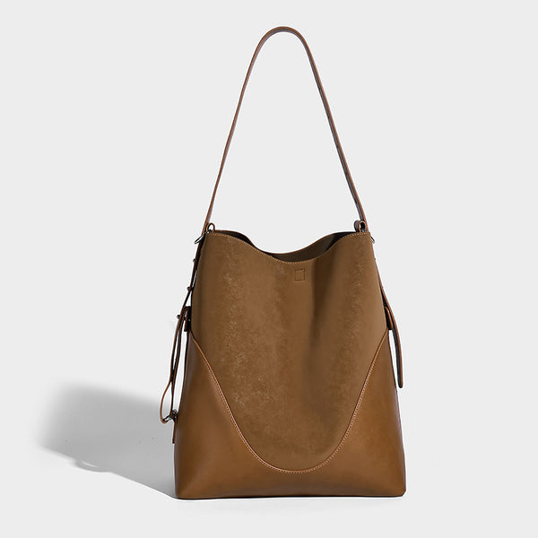 Large two-tone matte suede-effect and smooth leather-look bucket tote bag with detachable zip pouch and silver-tone hardware
