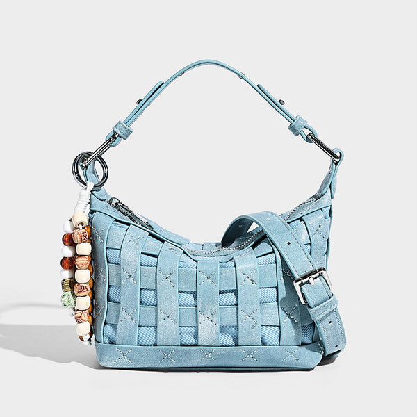 Small woven convertible shoulder bag with top zipper, silver-tone hardware, and detachable crossbody strap, detail view 12