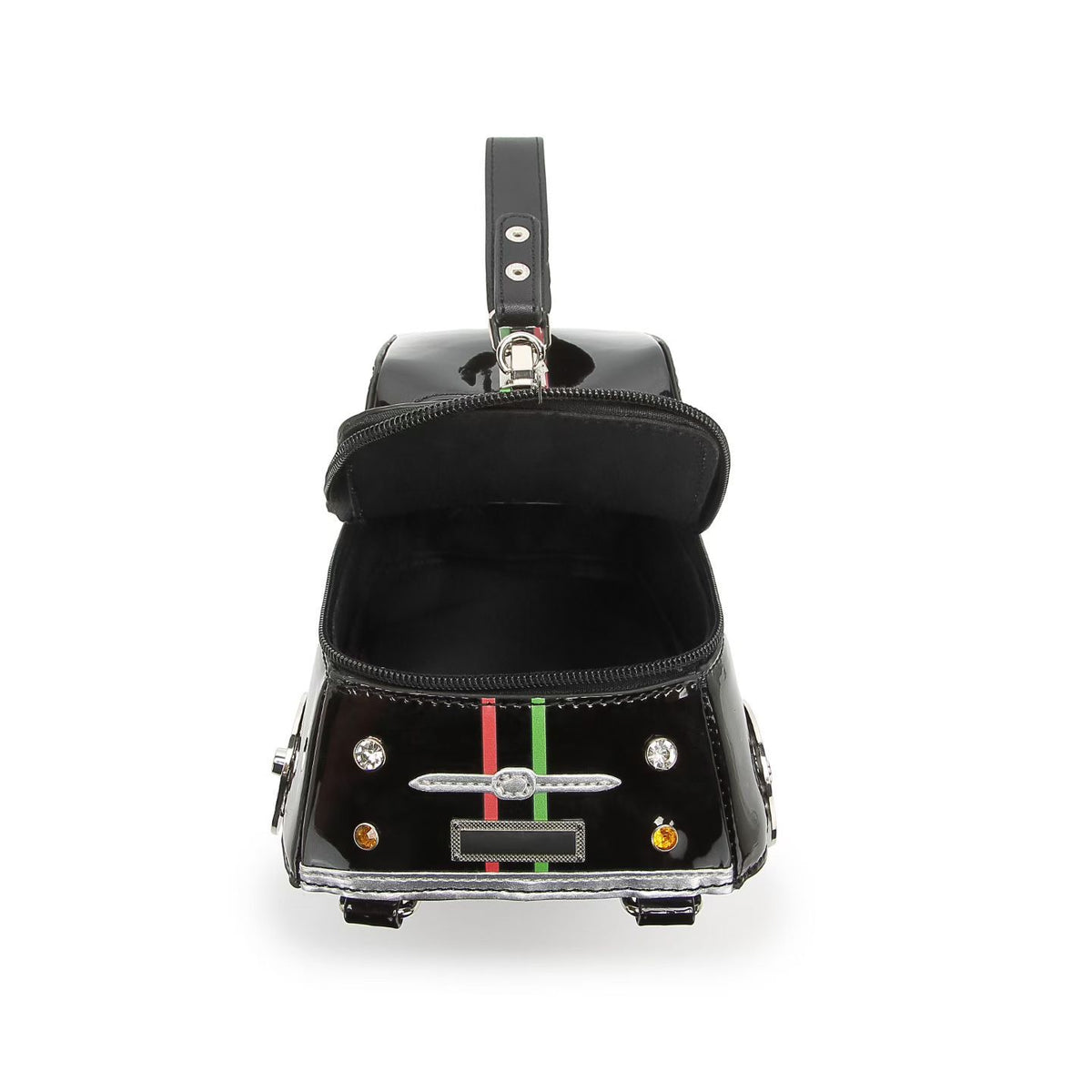 Mini car-shaped structured top-handle bag with glossy patent-look finish, decorative spoke wheels, clear window panels, and