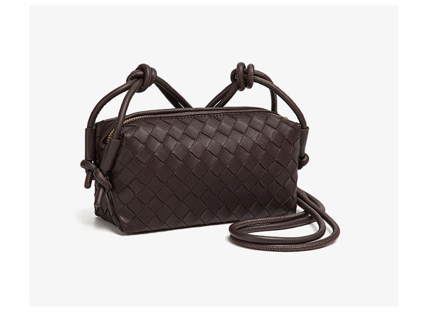 Small rectangular woven-texture mini crossbody bag with knotted rope strap and gold-tone zip closure, detail view 23