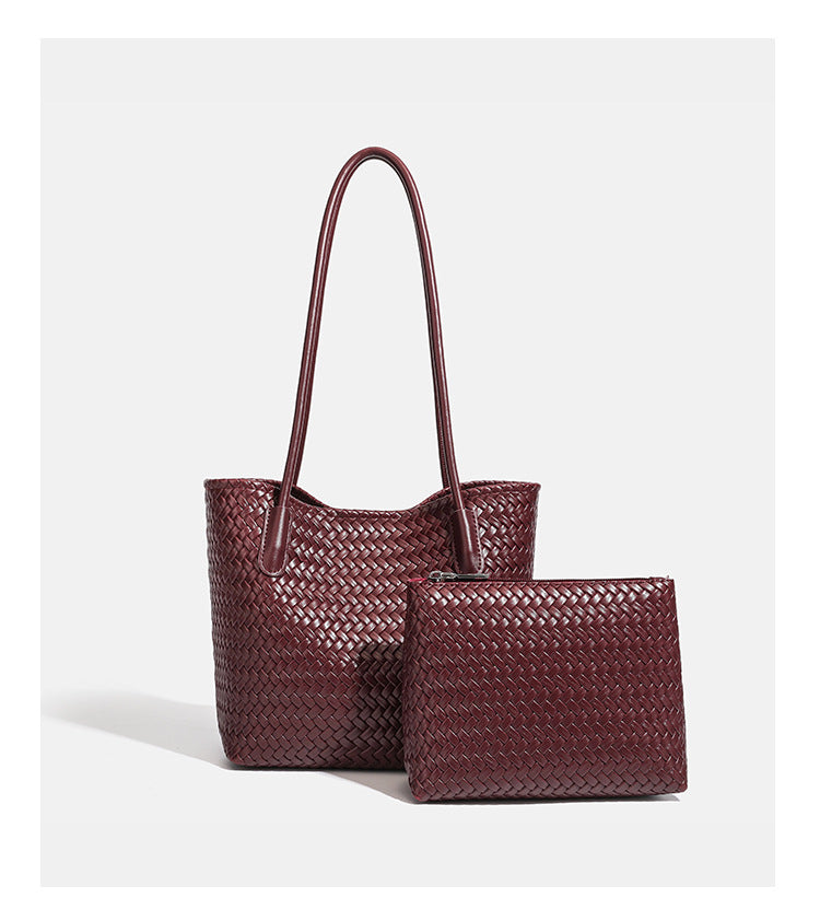 Structured woven leather-look tote bag with long shoulder straps and matching zippered pouch, detail view 21