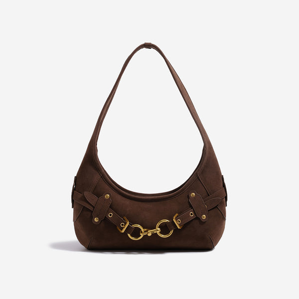 Sichelförmige Hobo-Schultertasche mit goldfarbenen Ring- und Schnallenbeschlägen, Detailansicht 8