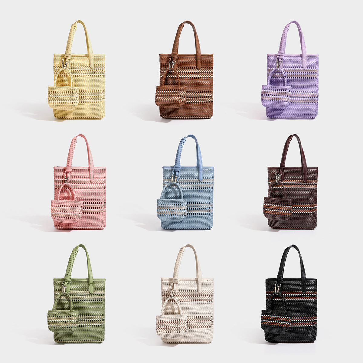 Small structured woven basket tote bag with wrapped leather-look handles and silver-tone clasp hardware, detail view 2