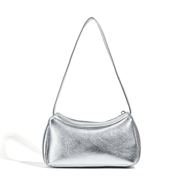 Compact curved silver metallic shoulder bag with top zip closure and slim single strap, detail view 5