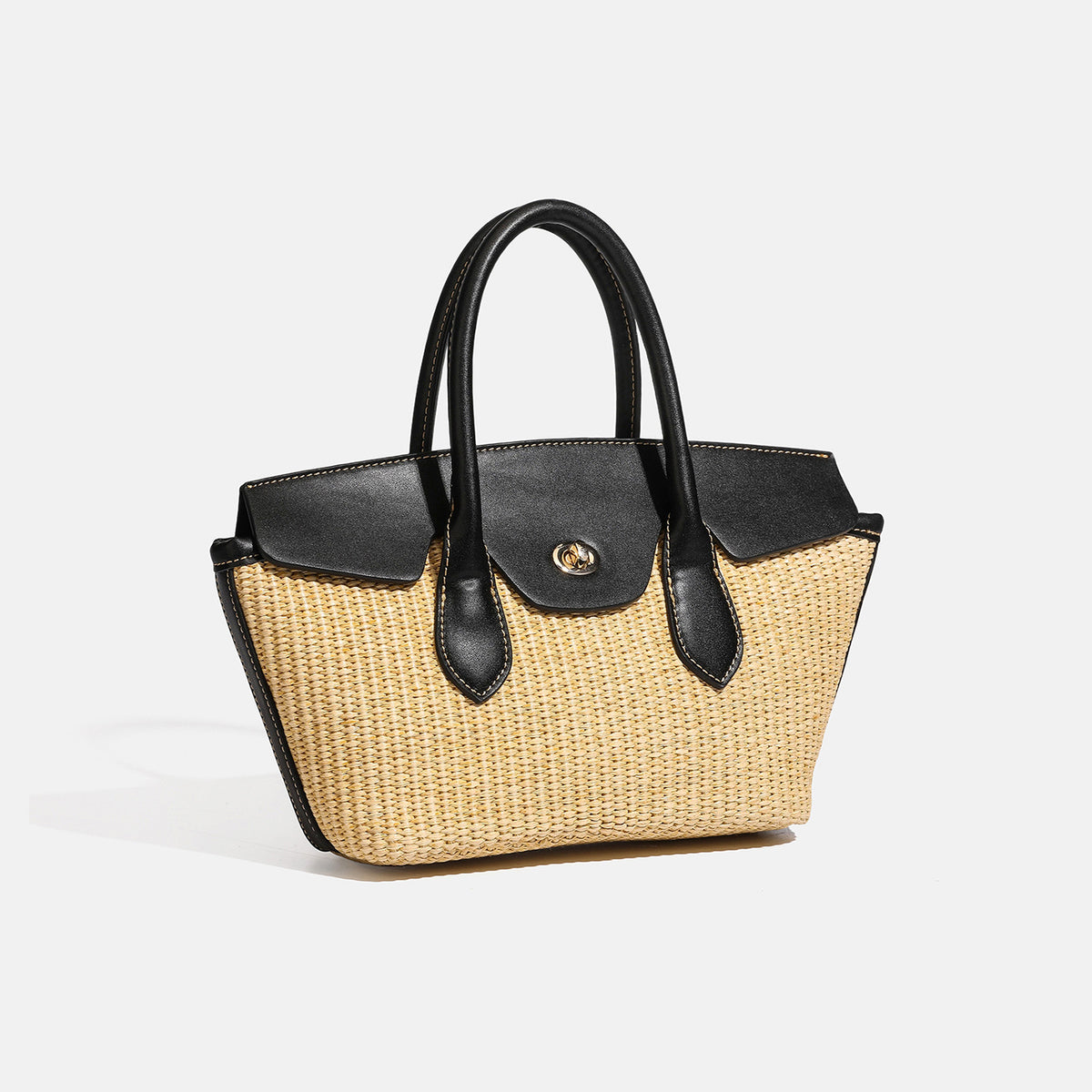 Structured tan woven straw tote bag with black leather-look trim, twin rounded top handles, gold-tone turn-lock front flap