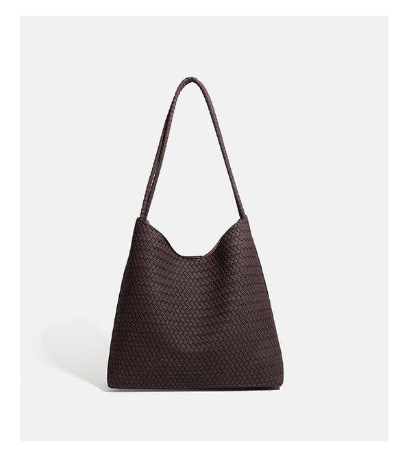 Large woven hobo shoulder bag with braided strap and matching zip pouch in dark brown, detail view 14