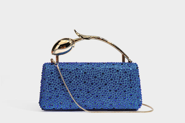rectangular hard-case rhinestone evening clutch with sculptural gold-tone branch-and-bud top handle and detachable chain