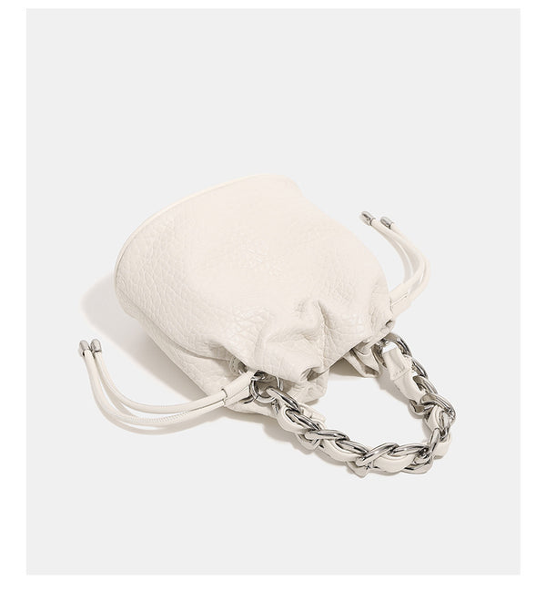 Mini pebbled leather-look bucket bag with chunky silver-tone chain handle and drawstring closure, detail view 12