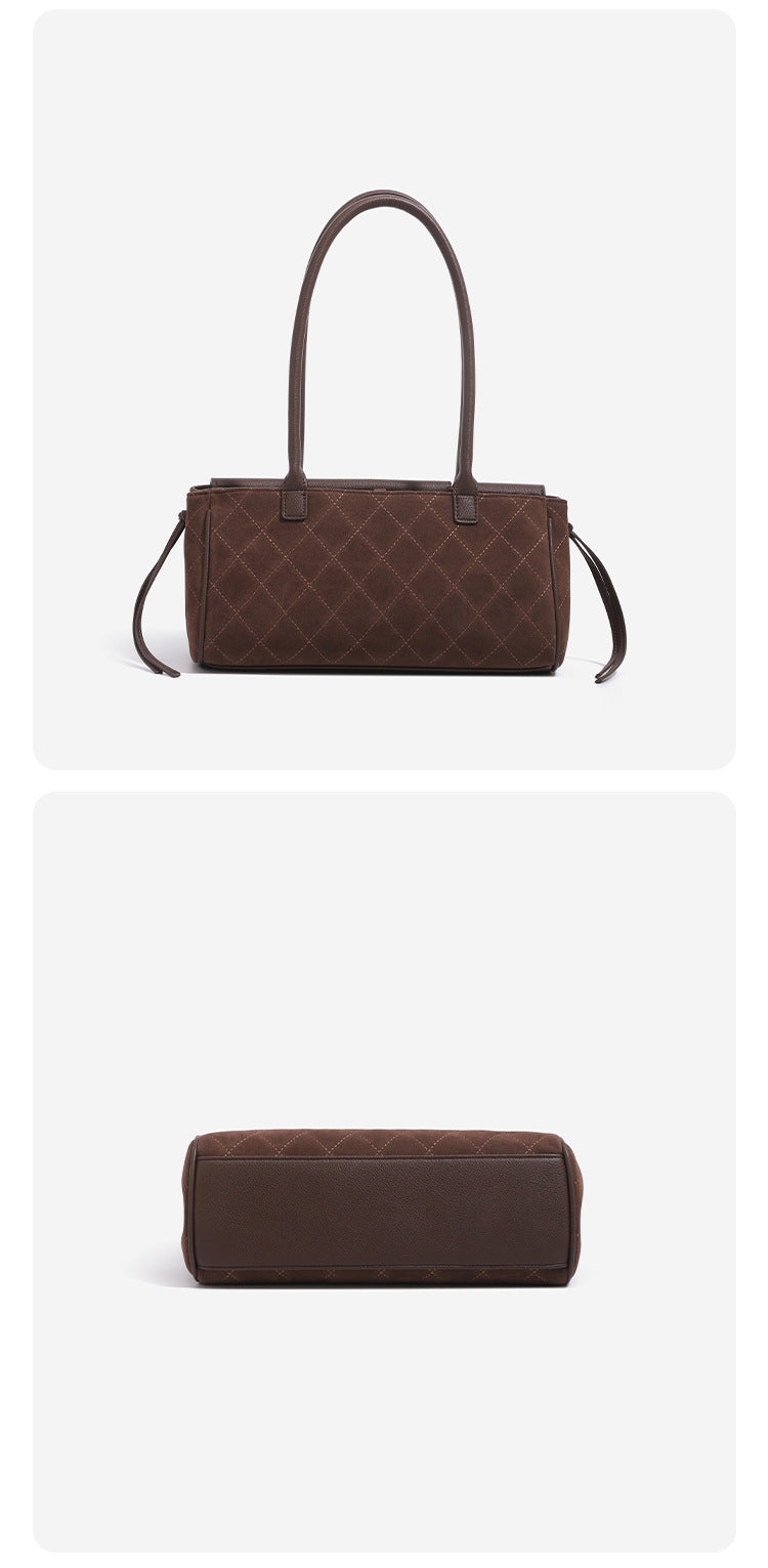 Structured diamond-quilted baguette shoulder bag with gold-tone turn-lock closure and side drawstring ties, detail view 15