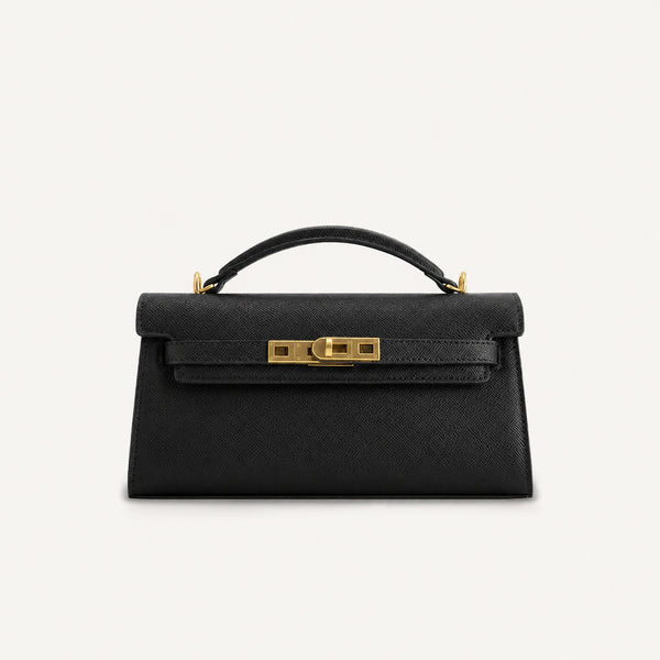 Strukturierte rechteckige Satchel-Tasche mit Krokodilprägung, goldfarbenem Drehverschluss und kurzem Henkel, Detailansicht 14