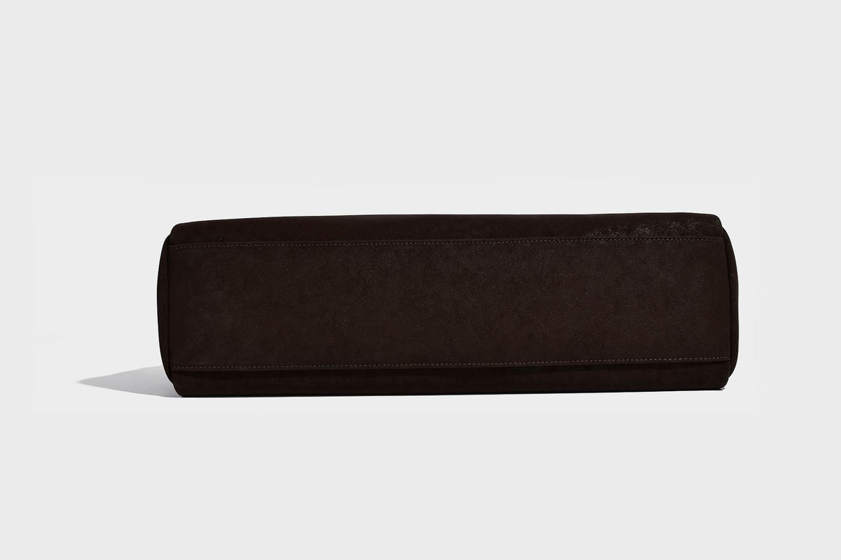 Structured rectangular matte suede-like shoulder bag with silver-tone hardware, zip closure, double top handles, and, detail