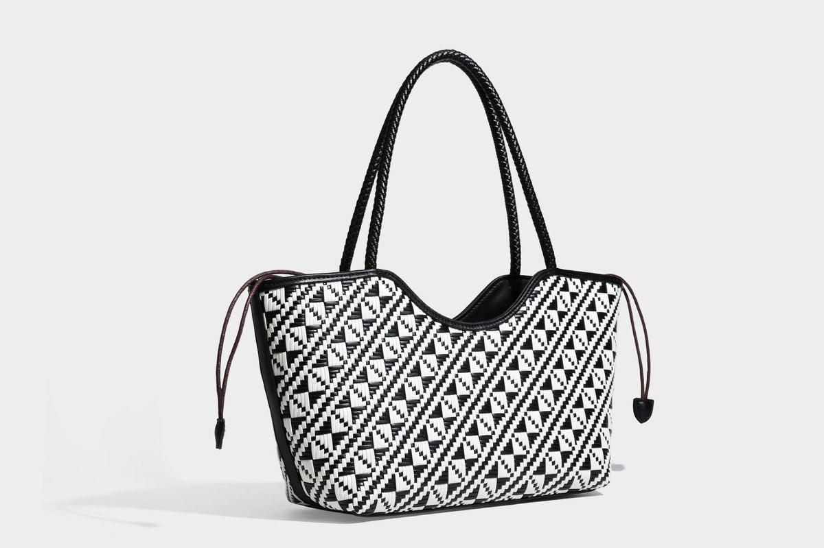 Woven geometric two-tone tote bag with braided shoulder straps and leather-look trim, detail view 32