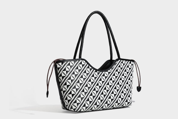Woven geometric two-tone tote bag with braided shoulder straps and leather-look trim, detail view 32