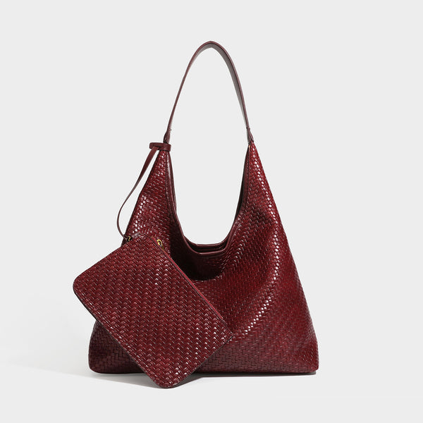 Slouchy woven leather-look hobo tote bag in brown with detachable zip pouch and gold-tone hardware, detail view 8