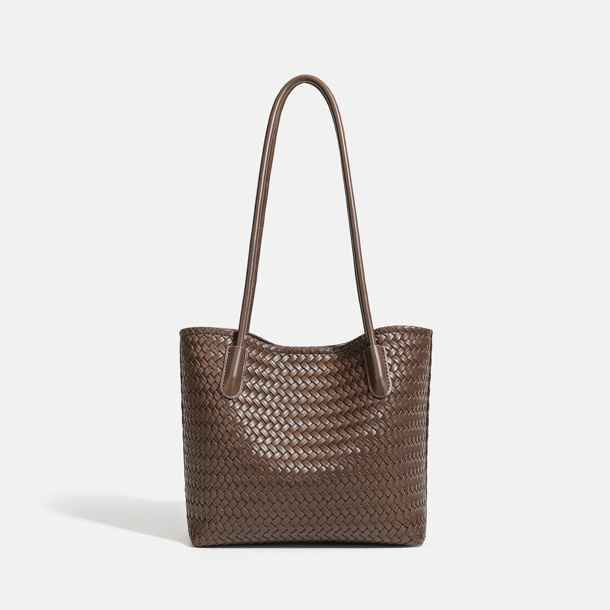 Structured woven leather-look tote bag with long shoulder straps and matching zippered pouch, front view