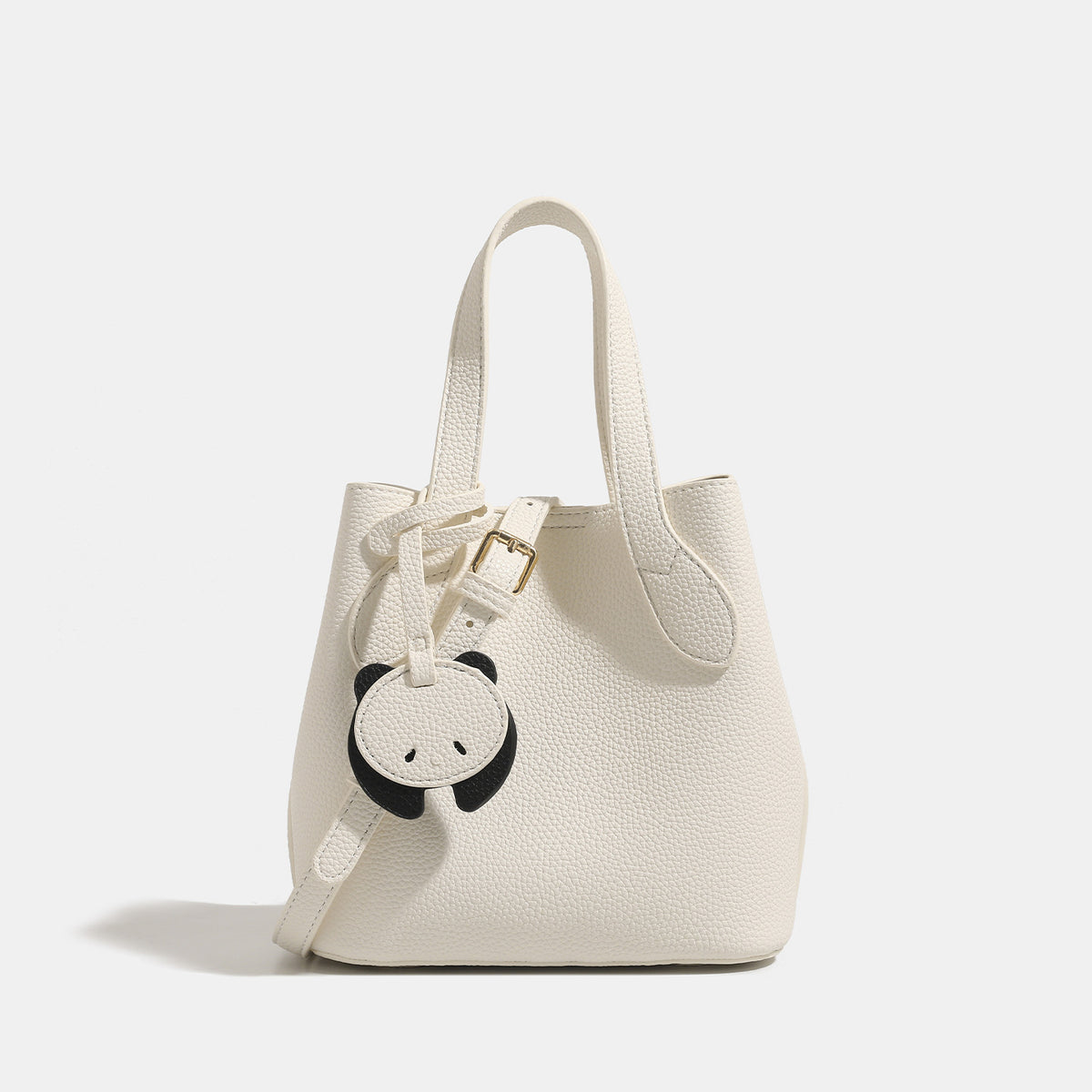 Pebbled leather-look bucket tote with elephant charm pendant, dual top handles, and detachable shoulder strap, detail view 7