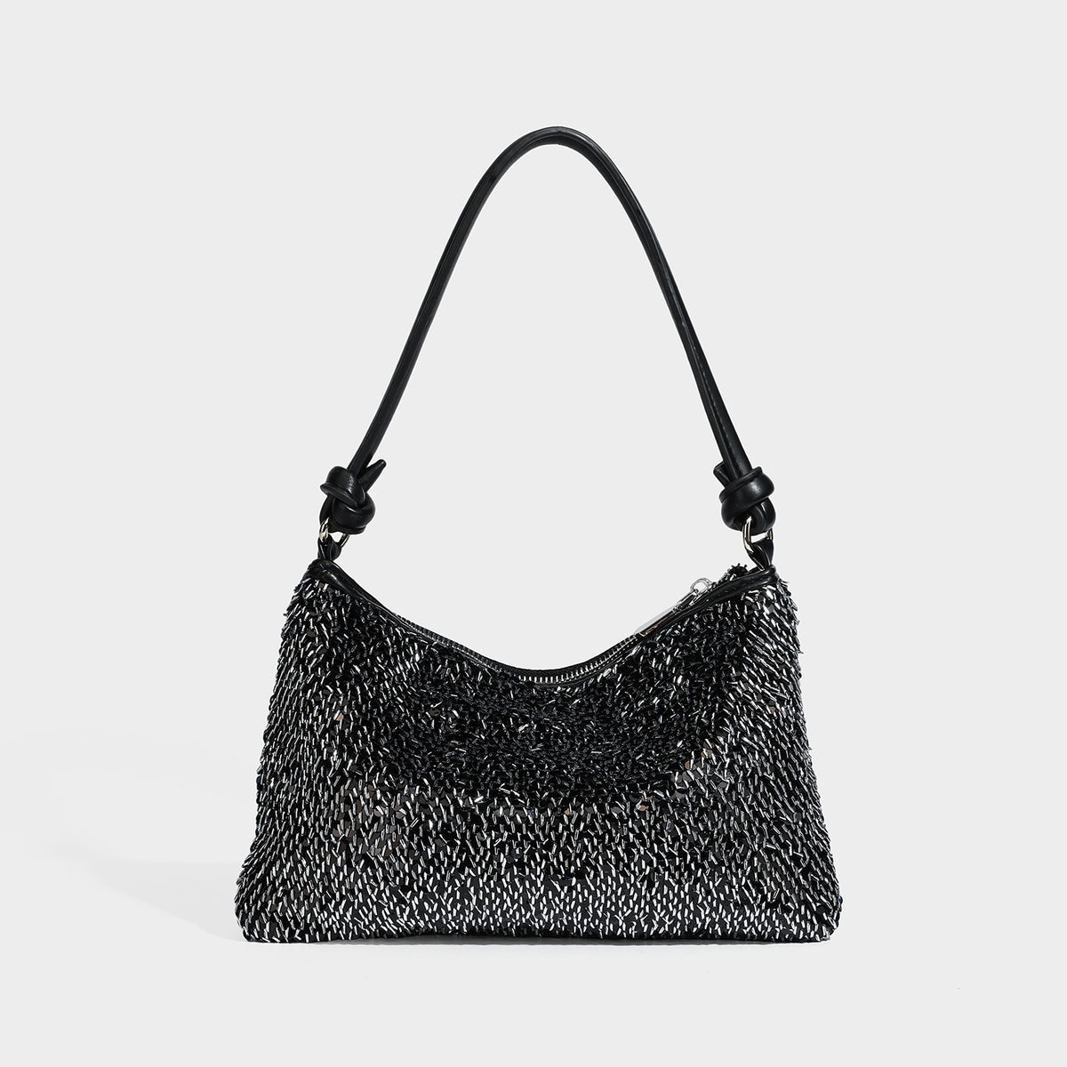 Small sequin hobo shoulder bag with knotted strap and zip closure, detail view 7