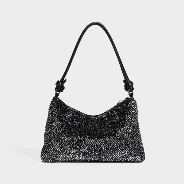 Small sequin hobo shoulder bag with knotted strap and zip closure, detail view 7