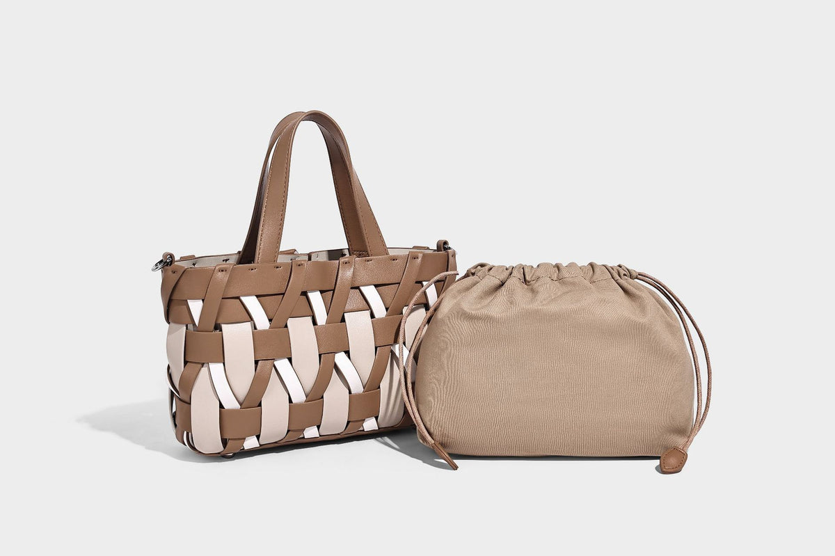 Small structured woven lattice tote bag with dual top handles and detachable shoulder strap in brown and cream leather-look