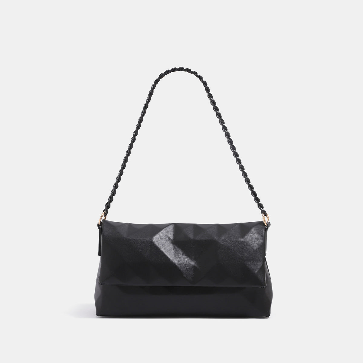 Geometric faceted flap shoulder bag with braided chain strap in black and ivory leather-look finish, detail view 6