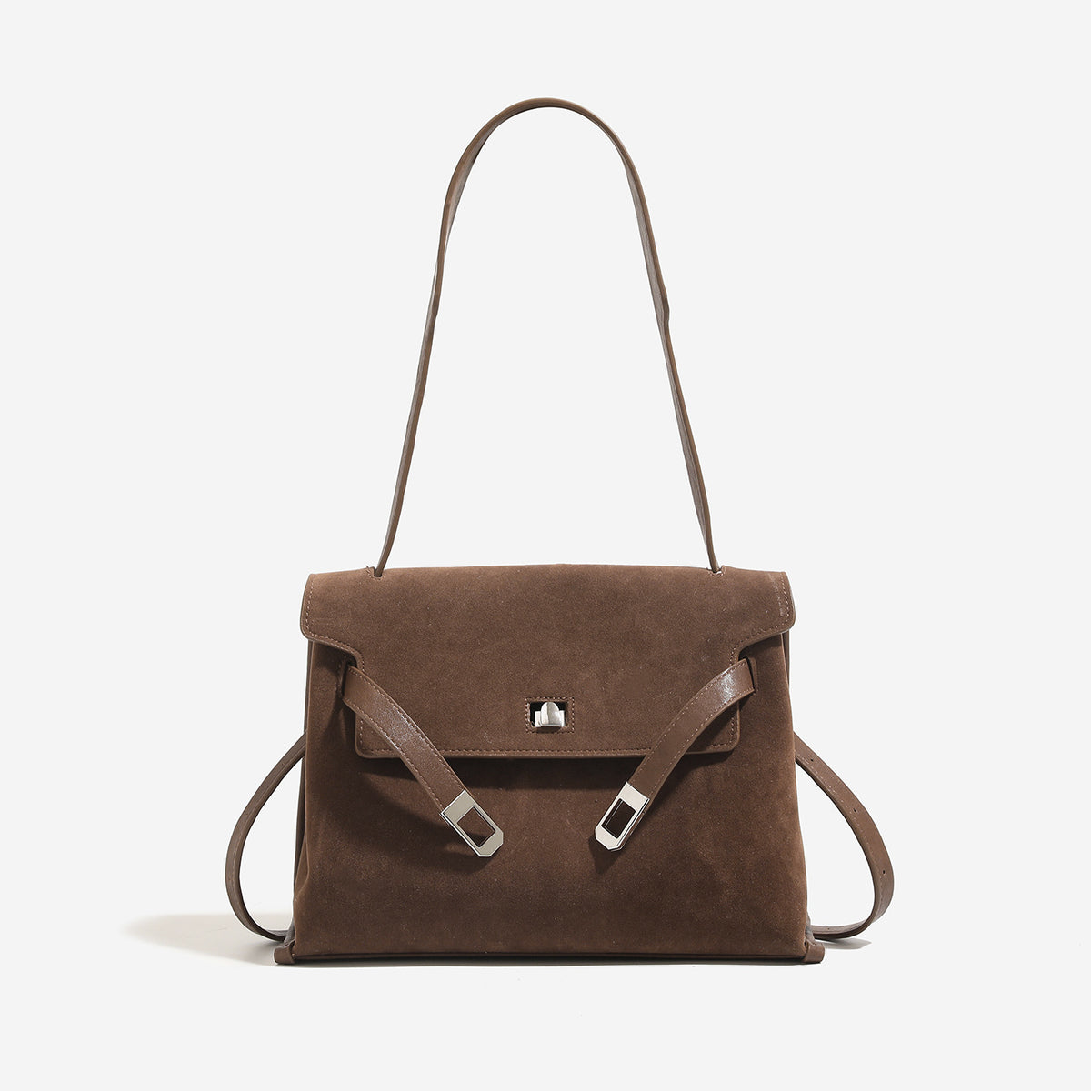 Structured retro flap satchel bag with turn-lock closure, adjustable shoulder strap, and silver-tone hardware, front view