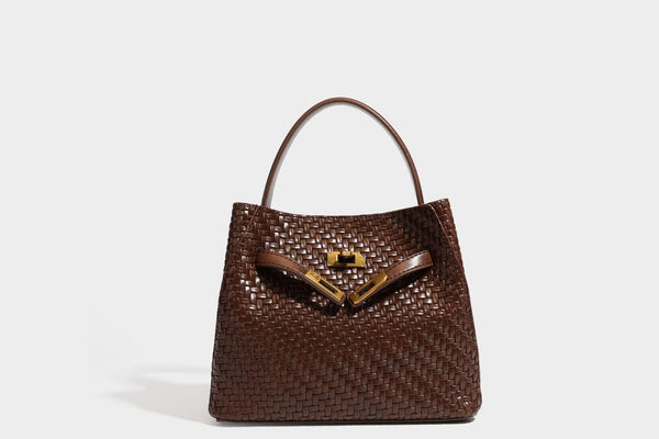 Structured woven leather-look bucket bag with gold-tone turn-lock hardware and detachable shoulder strap, detail view 41
