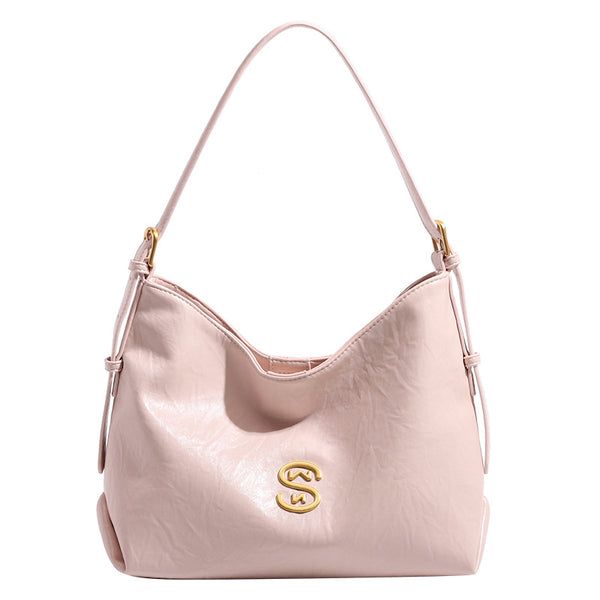 Crinkled leather-look hobo shoulder bag with gold-tone logo emblem and slim adjustable strap, detail view 5
